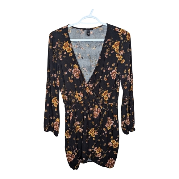 Forever 21 Long Sleeve Floral Wrap Dress Women’s Size Large Black and Yellow - Picture 1 of 9